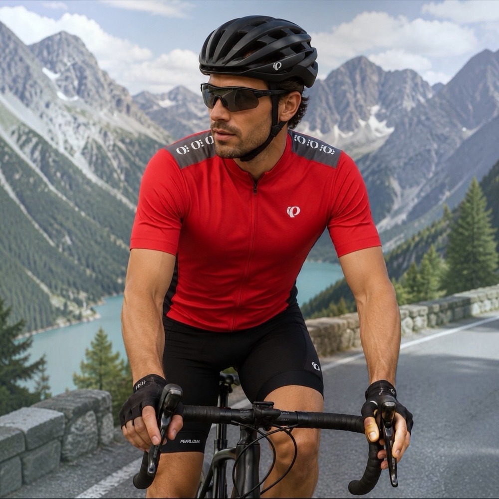 Pearl Izumi Men's Large Red Argyle Short Sleeve Half Zip Cycling Jersey
